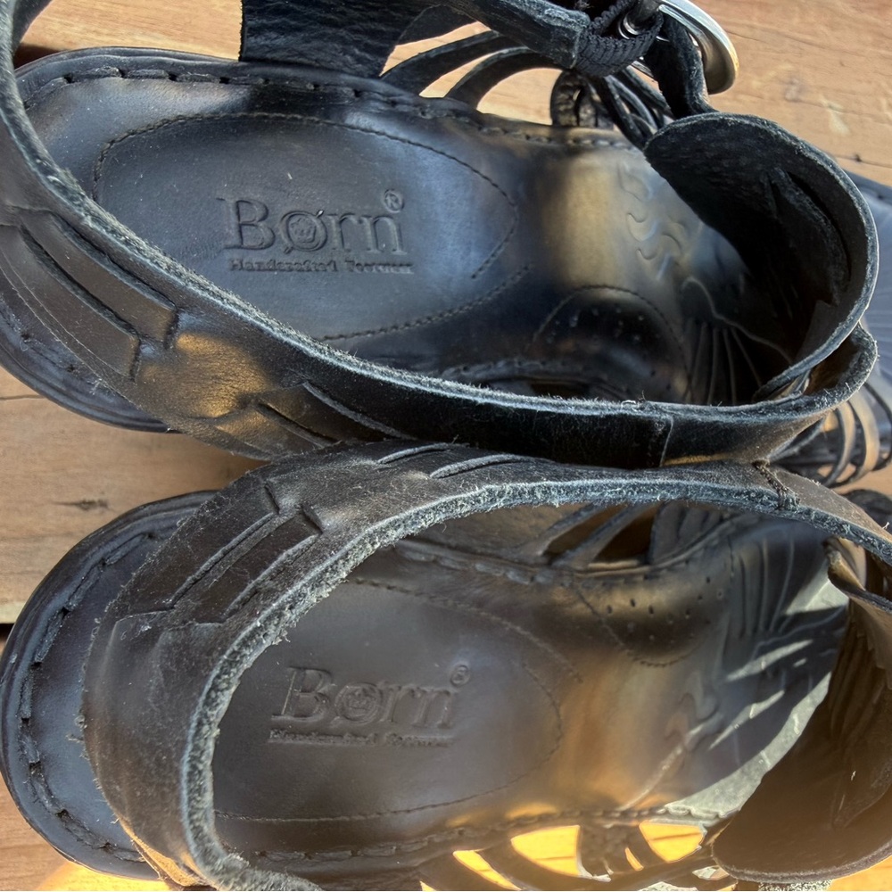 Born Neema Black Leather Strappy Gladiator Wedge Sandals - Picture 7 of 9